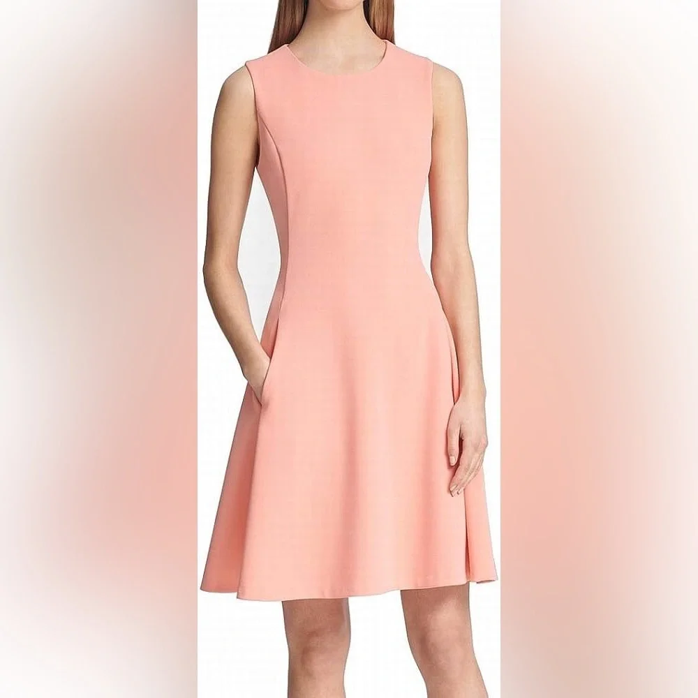 NWT DKNY Fit And Flare Peach Midi Sleeveless Dress Pockets Formal Casual Size 4 - Picture 1 of 15
